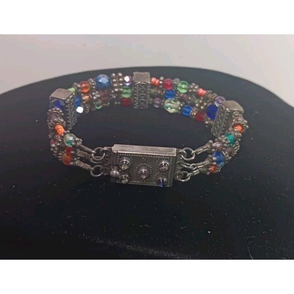 Vintage Sterling Silver 925 Beaded Gemstone Colorful Tennis Bracelet